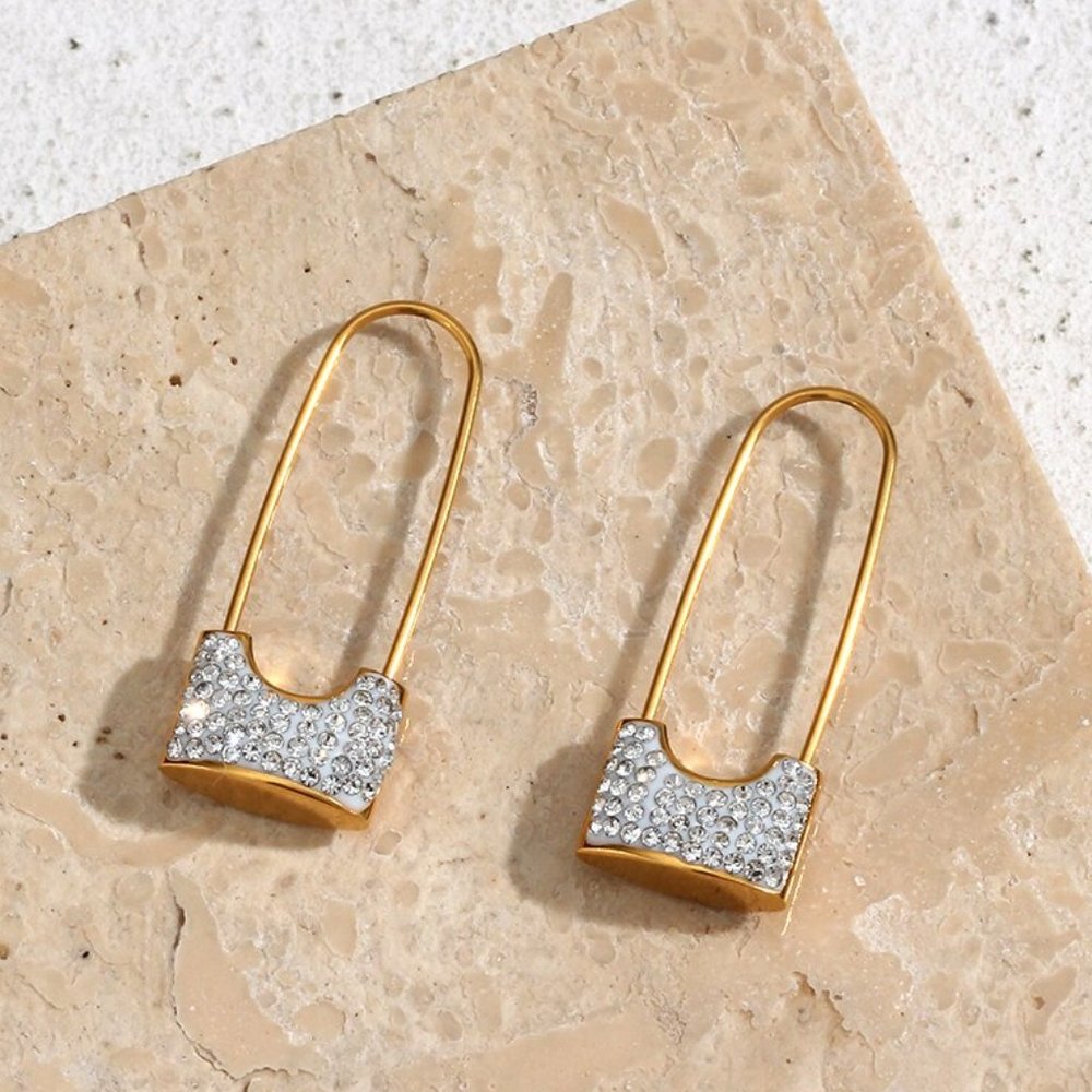 Safety Pin Lock White Zircon Dangle Earrings 18K Gold Plated Stainless - Picture 7 of 9